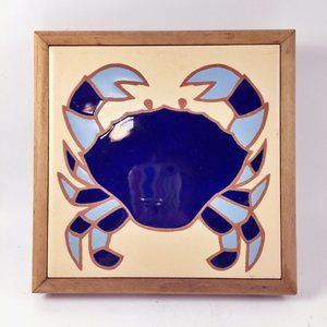 Ceramic Blue Crab Tile Framed Trivet Wall Decor Tropical Coastal